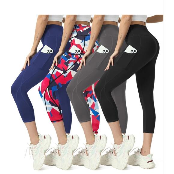 SIZE MEDIUM High Waisted Yoga Leggings 4 Pack - Tummy Control with Pockets - Picture 1 of 6